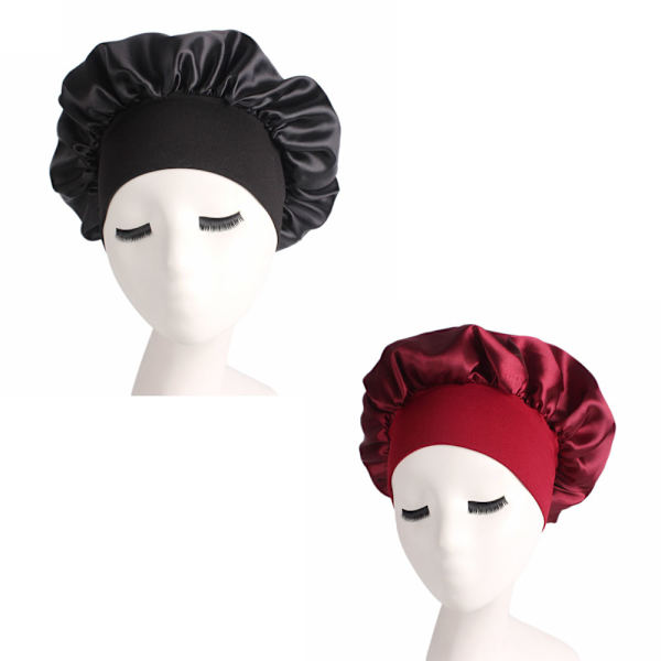 Svart och Bourgogne Tvådelad Set Sovhatt Satin Bonnet Natt Sl
