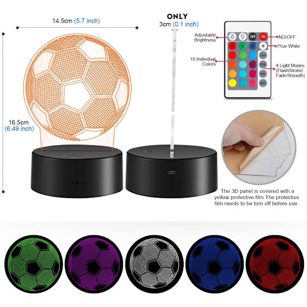 Fotboll 3D LED nattlampa för flicka, 3D optisk illusion L
