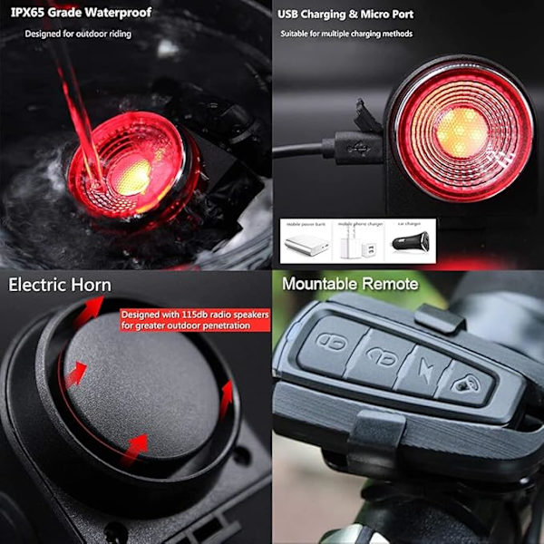Cykelalarm baglygte USB-opladning super lyse baglygter,(FQ)