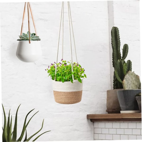 Hängande blomkorg vävd växt mjukt rep växt beige växter för hem rum inredning 14cm kruka och plantering