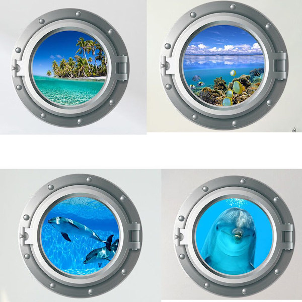 Fyra set (35x35cm) 3D havsliv fisk väggdekaler för badrum, undervattens haj väggkonst för barnrum, delfin ocean väggdekoration