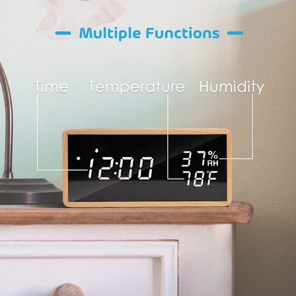 Trädigital väckarklocka, USB-driven elektronisk väckarklocka med snooze-funktion, LED-display för tid, temperatur och luftfuktighet
