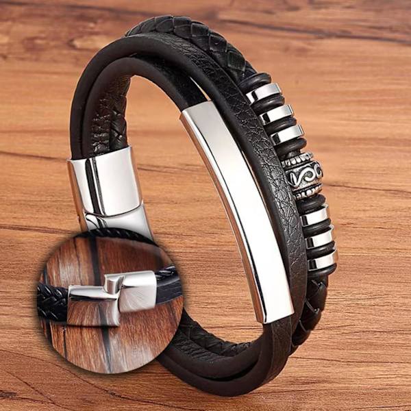 Multilags flettet ægte læderarmbånd til mænd - Sort læderarmbånd til mænd - Bedste farsdagsgaver