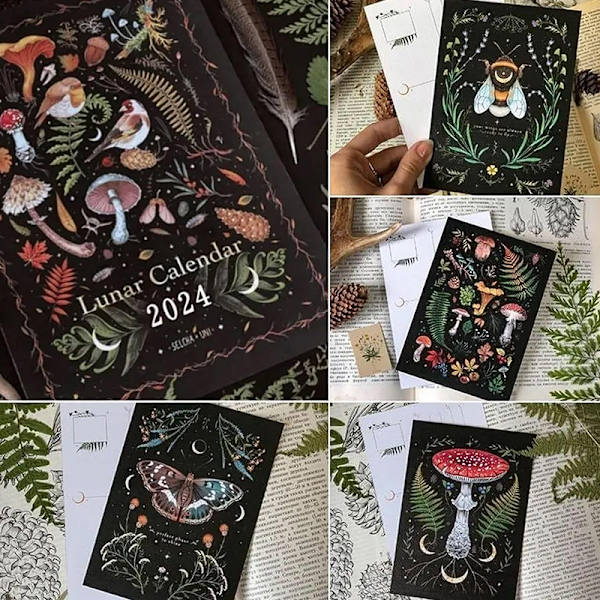 12 X 8 tum Mörk Skog Lunar Kalender 2024 innehåller 12 original