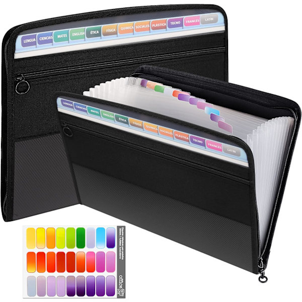 A4-perm, 13 rom Dokumentmappe Permmappe Sorteringsmappe med glidelås, dokumentveske Mappe Lever Arch-perm og sterk plast for kontor Black Expanding Folder