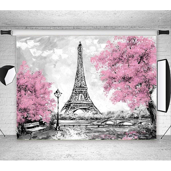 9x6ft Paris Eiffeltårnet Bakgrunn for Fotografering Rosa Blomster Trær Fotoelskere Bryllup Studio Rekvisitter Bakgrunn Banner Vinyl