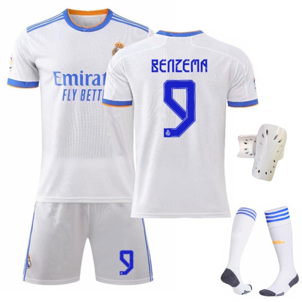 21-22 Ny Real Madrid hjemme nr. 7 Hazard nr. 9 Benzema nr. 10 Modric trøje fodbold uniformsæt Size 7 with socks + protective gear 18#