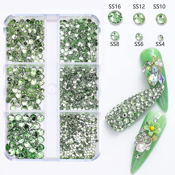 1000 stk Grønne Negle Sten Charms Flatback Krystal Rhinestones Negleforsyninger Runde Perler Diamant Bor 6 Størrelser (1,5-3,8 mm) Glas Rhinestone Til Kvinder Diy