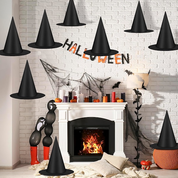 12 stk. Halloween Heksehatte, Sorte Hængende Heksehatte, med 100 m Nylonledning, Troldmandshatte Udendørs Halloween Dekorationer til Hjem, Have, Veranda, Loft