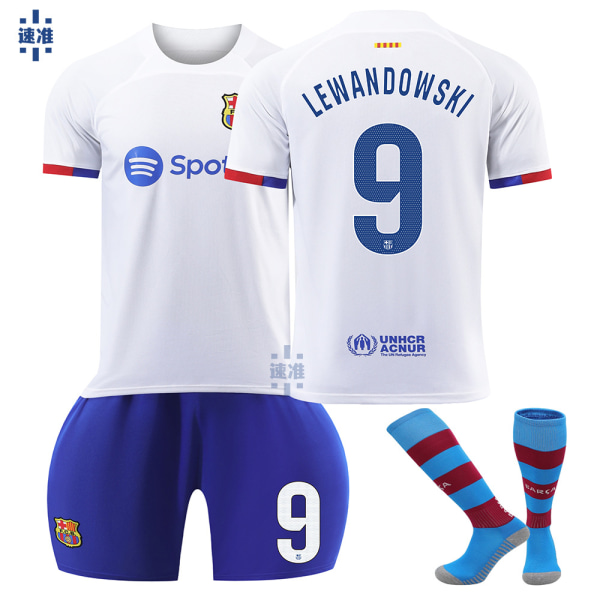 23-24 Barcelona bortafotbollsdräkt nr 9 Lewandowski kostym 6 Gavi 21 De Jong 10 Messi barntröja med strumpor Size 9 with socks 26 yards