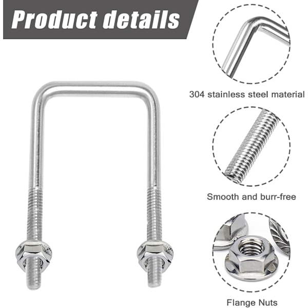 Neliömäiset U-pultit 304 ruostumatonta terästä M10 100 x 150 mm 2 laipalla,