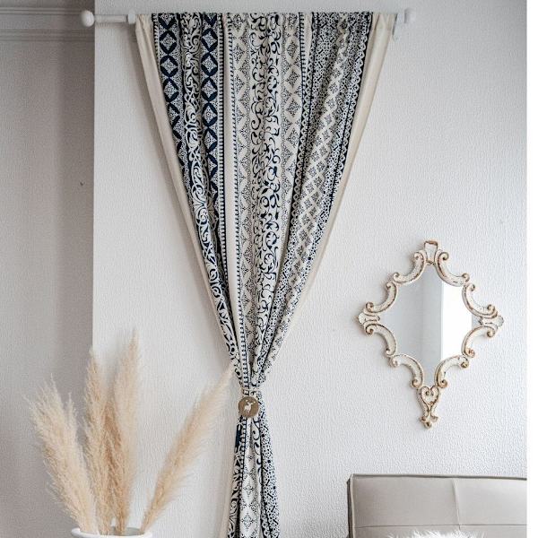 Boho Blå Gardiner Sæt Vindue Japansk Hjem Indretning Bomuld Linned Gardin til Stue Soveværelse Køkken Semi Sheer Draping B B W150xL180cm
