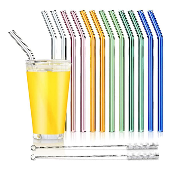 Uudelleenkäytettävät lasipillit, kaarevat lasipillit 2 puhdistusharjalla, pillit smoothieille, (mu