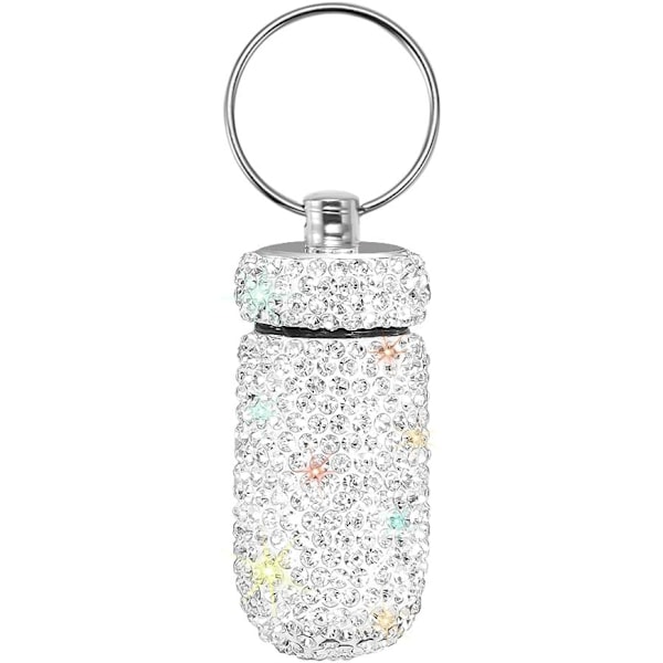 Portable Case Pill Container Waterproof Pill Holder with Keychain Bling Pill Box Medicine Dispenser Bottle Storage (White)