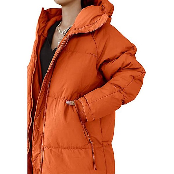 Lang quiltet jakke for kvinner, hette, lang erme, pufferjakke Orange L