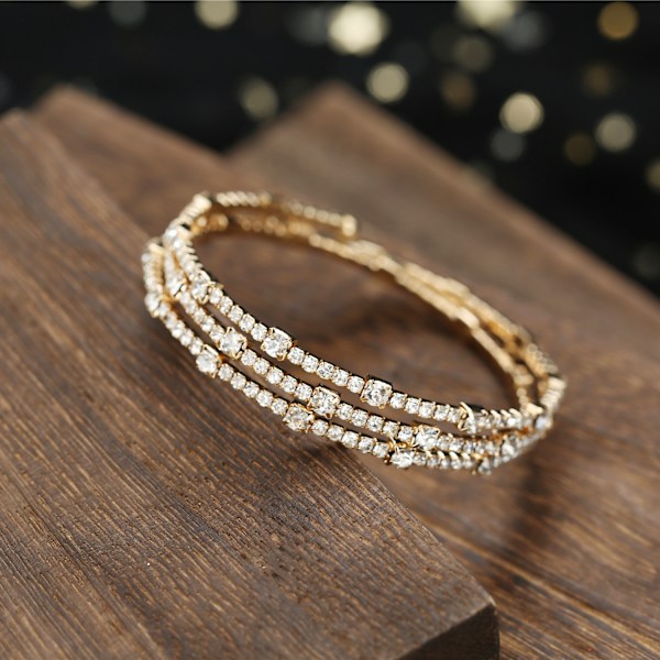 Tre rader strass inlagd armband dubbla lager öppen manschett justerbar stretch armband gold