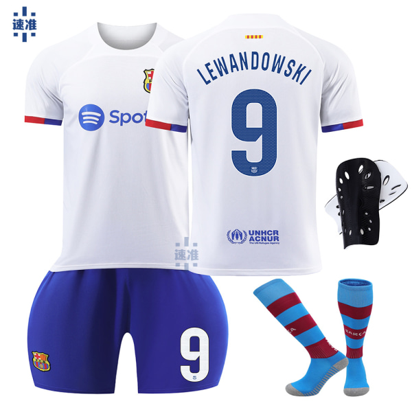 23-24 Barcelona bortafotbollsdräkt nr 9 Lewandowski kostym 6 Gavi 21 De Jong 10 Messi barntröja med strumpor No socks 21 16 yards