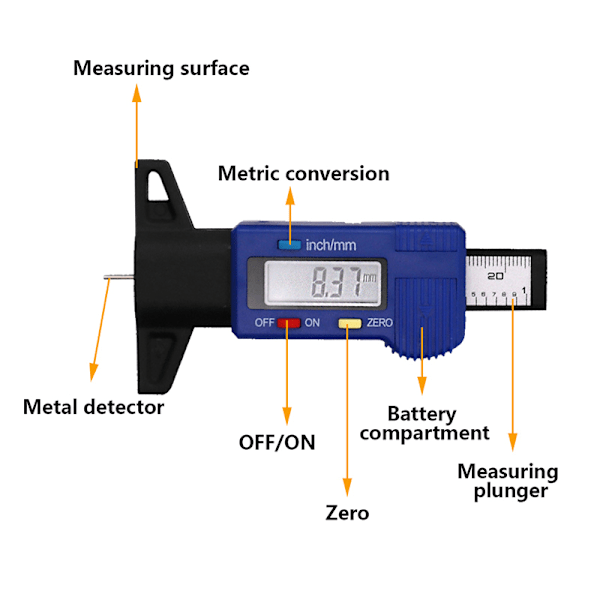 Digitaalinen auton renkaiden kulutuspinnan syvyyden mittauslaite Musta Silver