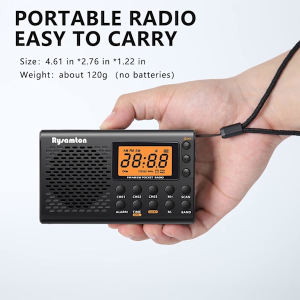 (Svart) AM/FM/Kortvågs Bärbar Radio, Batteridriven Fickradio, Stor Digital Display, Väckarradio med Alarm och