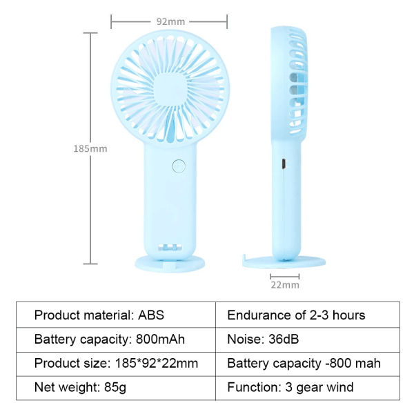 Kraftfull handhållen söt design 3 hastighets personlig kylning USB uppladdningsbar mini fläkt Blue