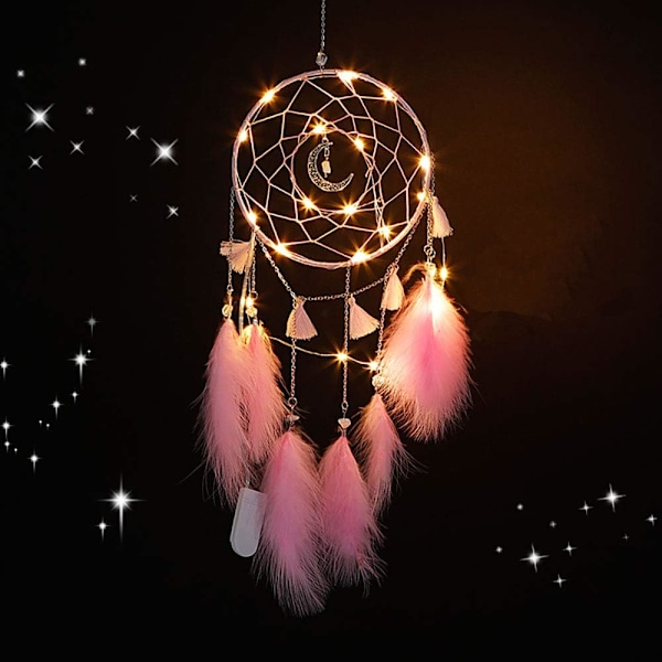 Smuk Drømmesnapper med LED Lys, Håndlavet Drømmesnapper med Fjer, Hjemme Ornament Vægdækning - 15 cm i Diameter, 48 cm i