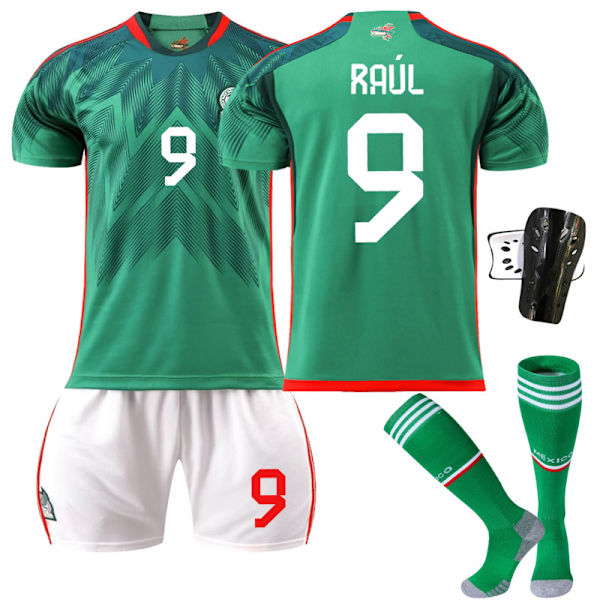 22-23 Mexiko fotbollströja nr 14 hem 16 tröja grön 9 Raul 22 Lozeno kostym original strumpor No. 9 with socks + protective gear #S