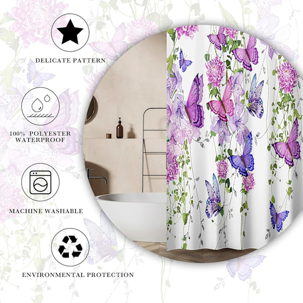 Lilla Bruseforhæng med Sommerfugle Bruseforhæng til Badeværelse, Sommer Bruseforhæng Lavendel Lilla Rosa 12 Kroge, 72X72 Tommer