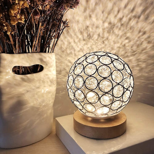 Krystall USB bordlampe sølv krystallkule med trebase nattbordlampe