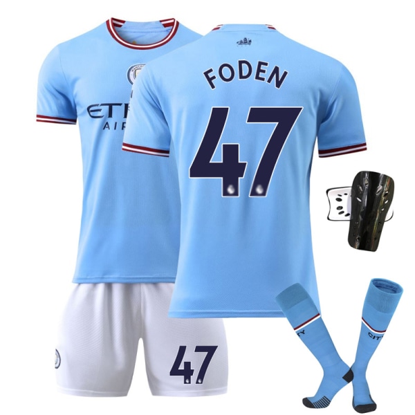 22-23 Manchester City hjemmefodboldsæt nr. 17 De Bruyne nr. 9 Haaland 47 Foden 7 Sterling trøje No. 17 w/ Socks + Protective Gear #20