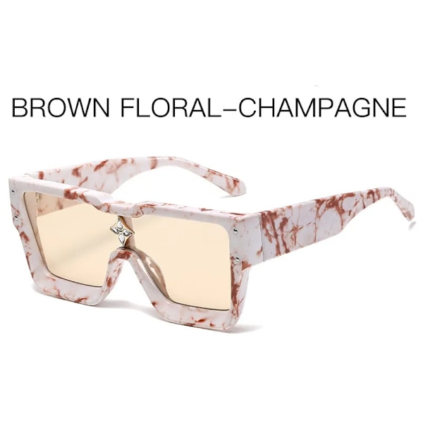 Store solbriller med firkantet ramme, endelte, for kvinner, med diamanter og ris-spiker Brown floral normal