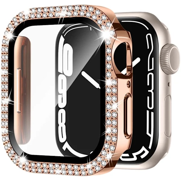 Bling Glass+ cover til Apple Watch Case 45mm 41mm 40mm 44mm 42mm 38mm Diamant bumper+skærmbeskytter iwatch serie 7 9 8 5 6 SE C rosenguld C rose gold 40mm Series 654 SE