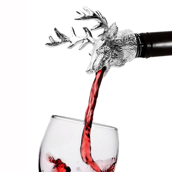 Vinkaraffer och flaskhållare i zinklegering med hjorthuvudform med läckagesäker propp (silver)