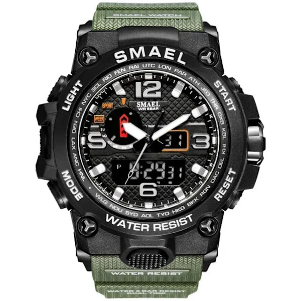 SMAEL Ny Klocka Herr 50M Vattentät Klocka Alarm Reloj Hombre 1545D Dubbel Display Armbandsur Kvarts Militärklockor För Män ArmyGreen
