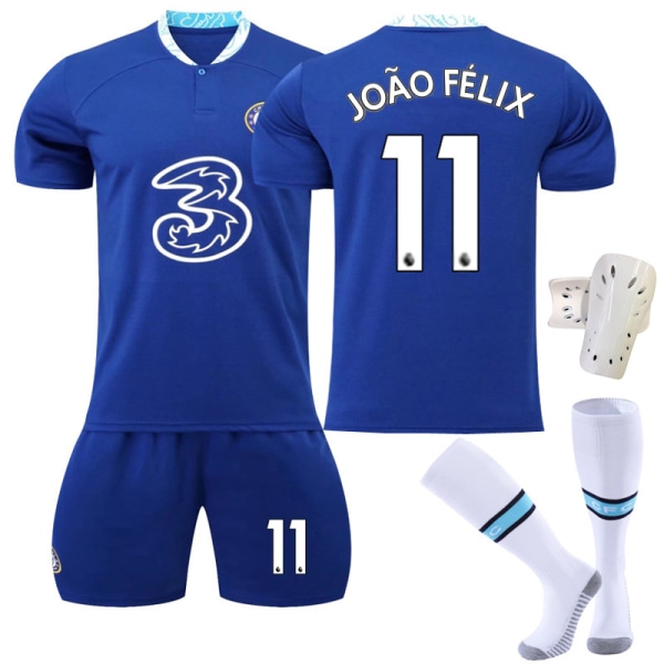 22-23 Chelsea hemma nr 9 Aubameyang 7 Kante 10 Pulisic fotbollsuniform set 19 Mount jersey 11 Felix,socks + protective gear #16
