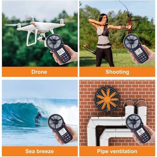 BT-100 Digital Anemometer LCD Vindhastighedsmåler Indikator Mål Temperatur Hastighed med Max/Min/AVG til Drone Surfing