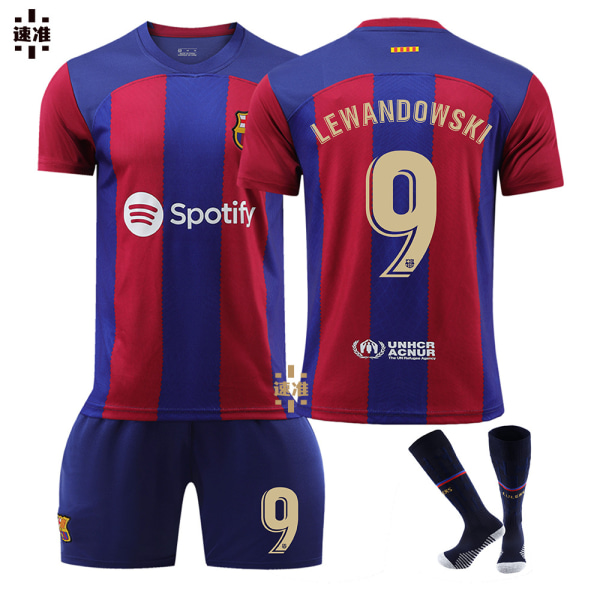 23-24 Ny Barcelona Fodboldtrøje Nr. 9 Lewandowski 7 Dembele 8 Pedri 30 Gavi Nr. 10 Messi Trøjesæt Size 7 with socks 16 yards