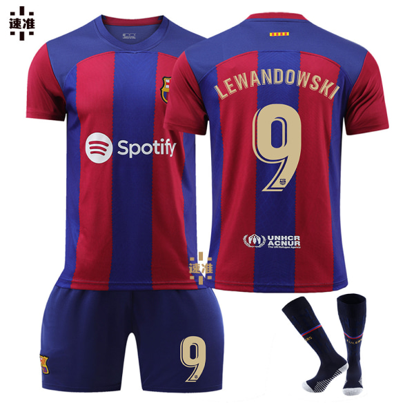 23-24 Ny Barcelona fotbollströja nr 9 Lewandowski 7 Dembele 8 Pedri 30 Gavi nr 10 Messi set Size 9 with socks XXL