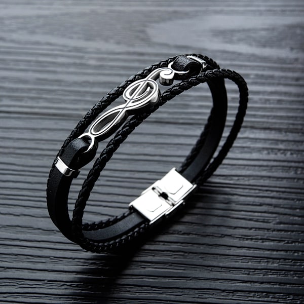 Mænds Læderarmbånd Sort Brun Multilayer Flettet Reb Guitar Treble Spænde Musiknote Smykker Armbånd Justerbar