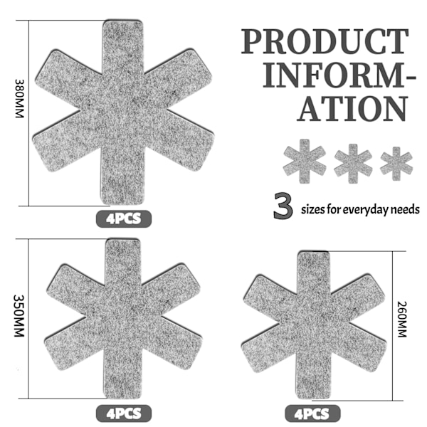 12-pak grydeunderlag, grydebeskyttere, filt grydeunderlag, stablebeskyttere, 3 forskellige størrelser, beskytter mod ridser