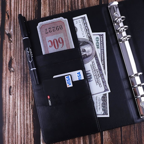 Läder A5 Ringpärm Planner Notebook Planner med Magnetlås (Inre papper ingår ej) - Svart Black