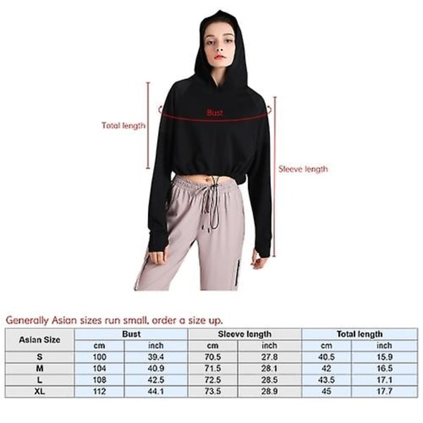 Hoodie dame beskåret toppe med tommelfinger huller snørebånd langærmet sweatshirt skjorte sort S sort black pp