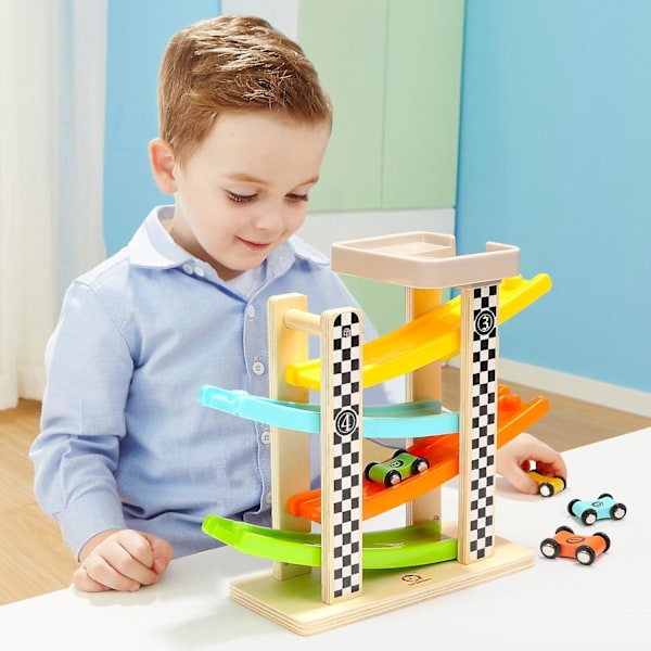 Træbilrampe Racetrack Legetøj Toddler Playset Udskiftningsbiler 12-pak
