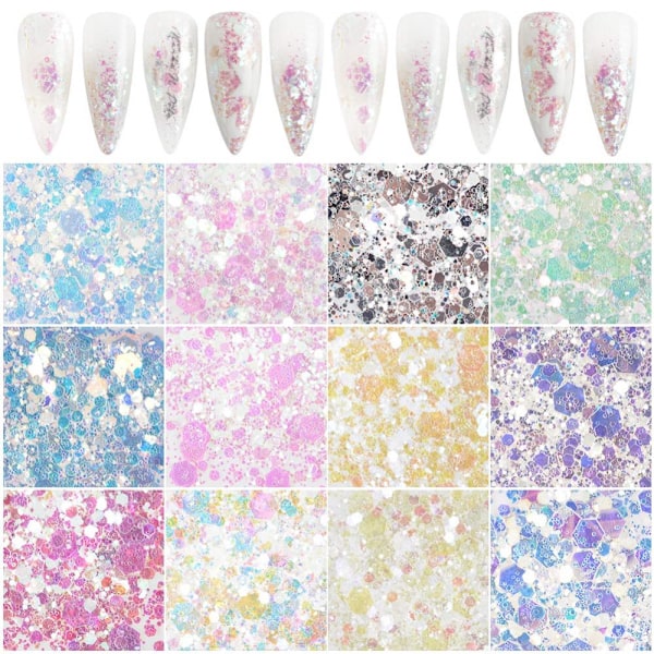 Neglekunst Glitter Chunky Paljetter Iridescent Mermaid Flakes Ultra Tynne Spisser Fargerike Blandede Paljetter For Hår