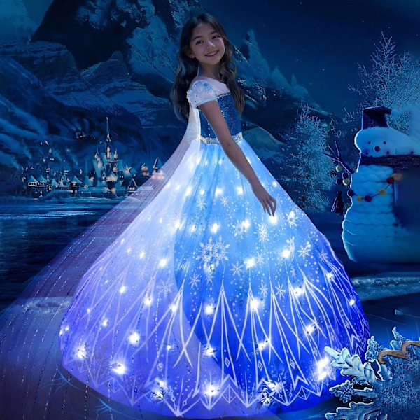 Uporpor Frozen Princess Elsa LED-ljusklänning för flickor barn cosplay festkläder snödrottning karneval julbalklänning endast klänning med ljus only dress with light 100 cm