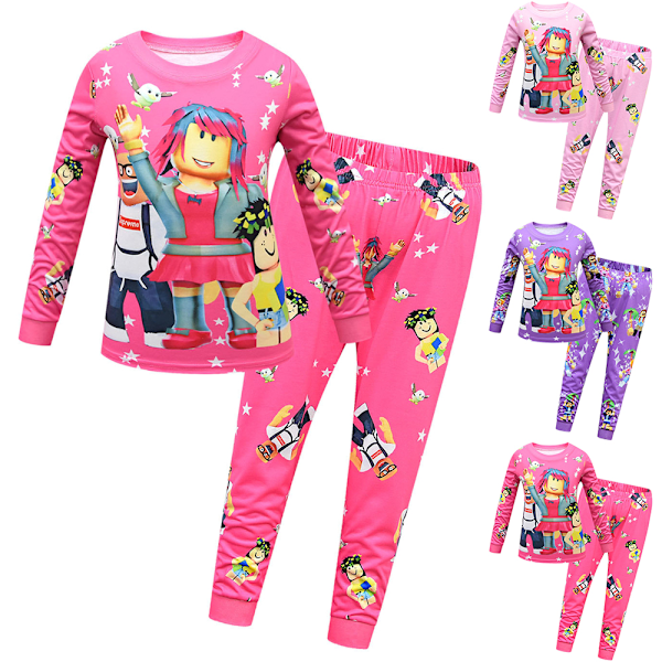 Drenge Piger Roblox T-shirt Toppe Bukser Pyjamas Sleepsuit Børnegave Roserød Rose edited 130 cm