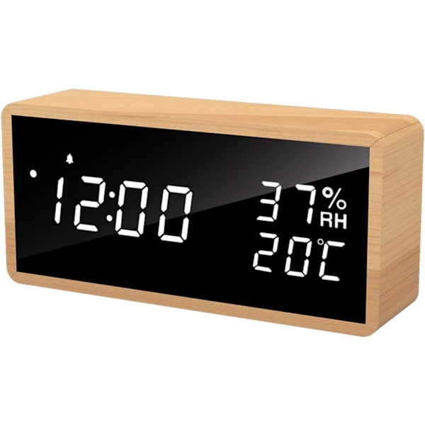 Trädigital väckarklocka, USB-driven elektronisk väckarklocka med snooze-funktion, LED-display för tid, temperatur och luftfuktighet