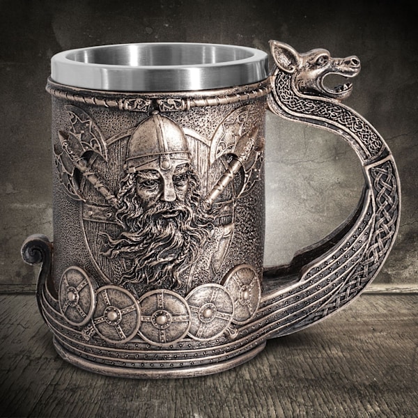 Rostfritt stål medeltida nordisk vikingaskepp öl kaffe mugg bronsfärg vikingakrigare drickmugg för samling gåva