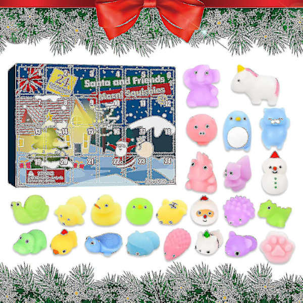 Adventskalender 2022 Juleräknedagskalender Leke 24 stk Assorterte Søte Mochi Dyr Squishy Leke for Barn