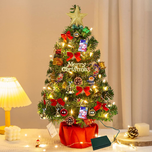 60 cm Artificial Christmas Trees, Mini Christmas Tree with String Lights and Decorations, Christmas Table Decoration