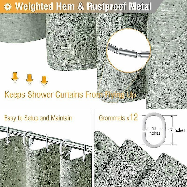 Duschdraperi 180x200cm, Extra Lång Salviagrön - Linnetexturerat Tjockt Duschdraperi Set med 12 Plastkrokar, Stort Lyxigt Hotell Enkelt